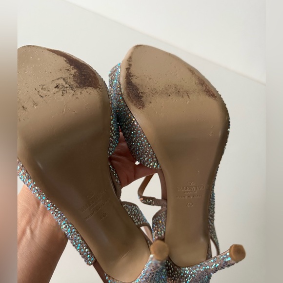 Valentino Beige Crystal Embellished Leather Platform Slingback Sandals Size 40 - Picture 11 of 13